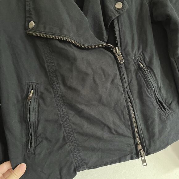Madewell Black Moto Jacket Quilted Shoulders Asymmetrical Zip Size 2 Linen Blend - Picture 5 of 9